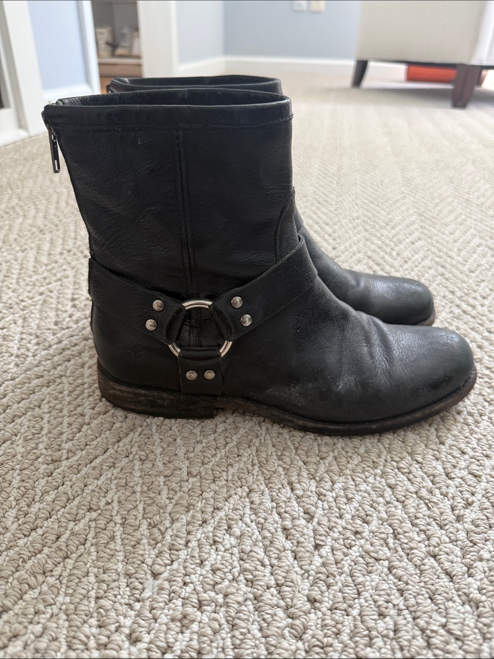 FRYE AND CO. Black Leather Ring Harness Ankle Boots